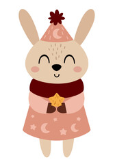 Christmas rabbit clipart. Boho Christmas animal clip art. Cute festive character. Hand draw vector illustration in flat style	
