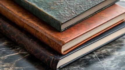 Obraz premium Thick hardcover books create a visually appealing stack, highlighting their unique textures and inviting a closer look. Ideal for any project needing a tactile, cozy touch with ample copy space.