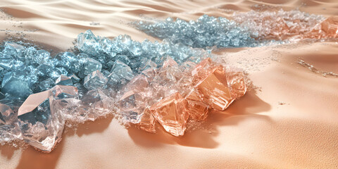 Obraz premium Coastal Crystal Dreams: Sunlit, translucent crystals in soft blue and peach hues scattered on a sandy beach, evoking a serene and luxurious coastal escape. 