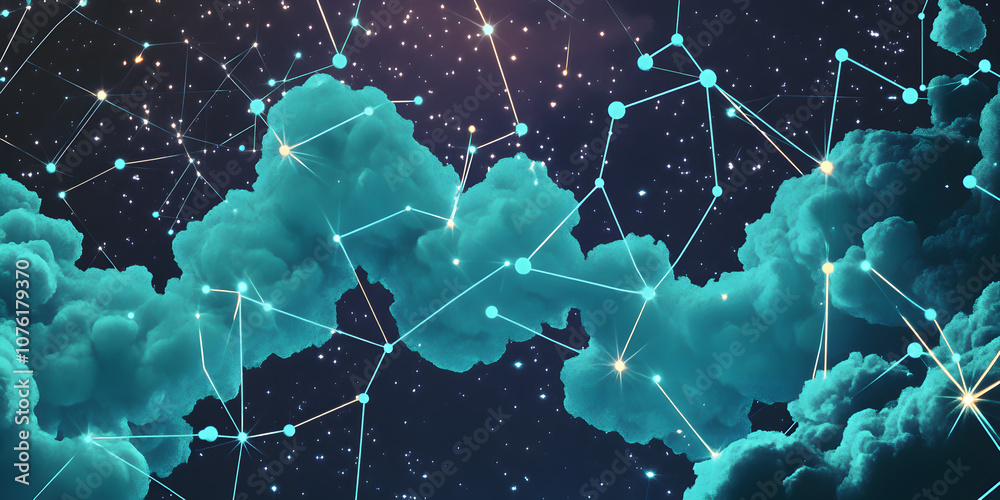 Poster cosmic cloud network: a captivating abstract image of a celestial cloud network, illuminated with gl