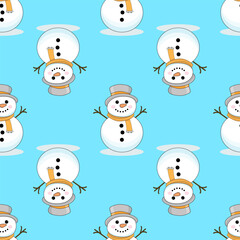 Seamless Christmas pattern with snowmen. Winter pattern for the new year on a blue background