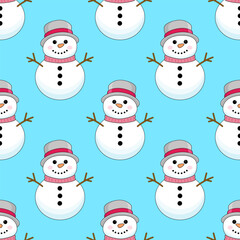 Seamless Christmas pattern with snowmen. Winter pattern for the new year on a blue background
