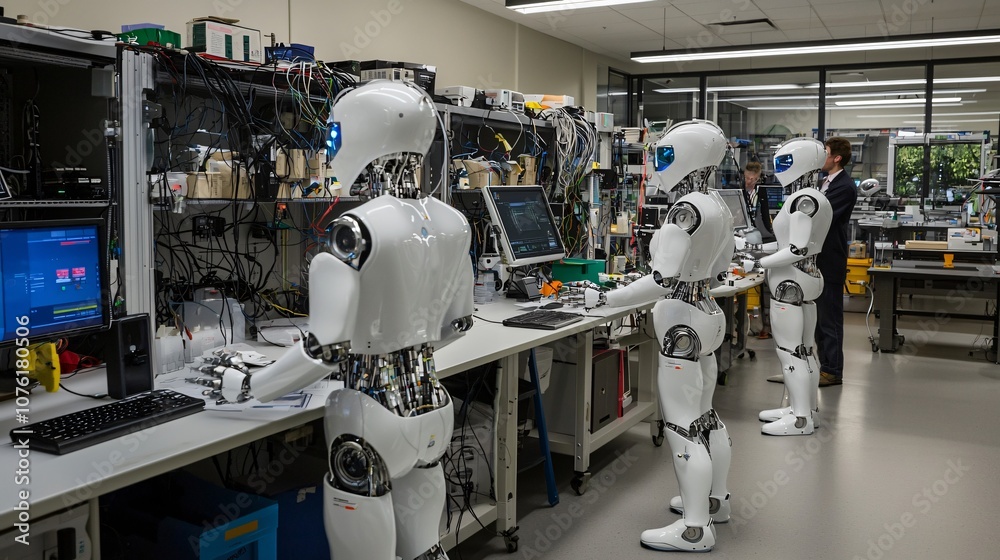 Poster Explore the future of technology in a cutting-edge robotics engineering facility where humans and machines collaborate