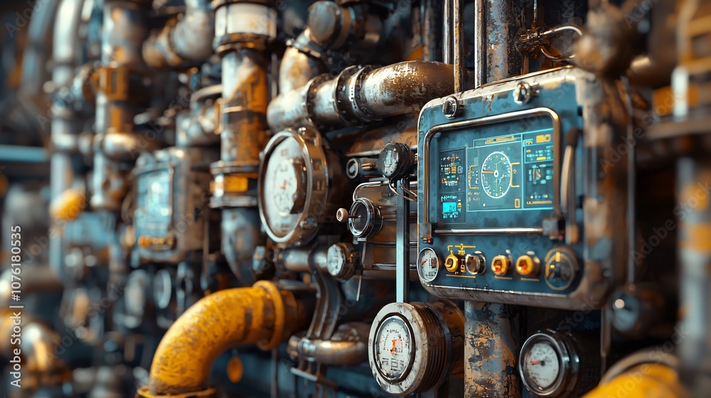 Poster Explore the intricacies of industrial pipelines featuring advanced monitoring systems for enhanced efficiency and safety