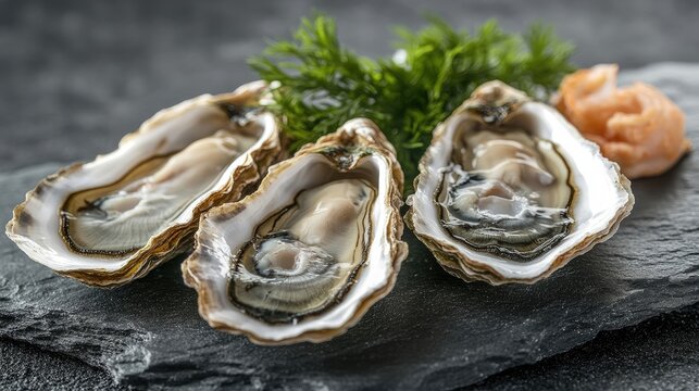 Fresh oysters on a dark background create an appealing presentation of shellfish seafood. This selection of shellfish seafood offers a variety of textures and colors.
