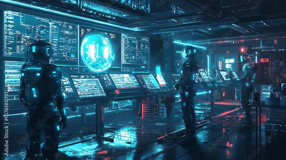 Poster Explore the cutting-edge innovations in a futuristic factory floor enhanced by autonomous robots and advanced technology