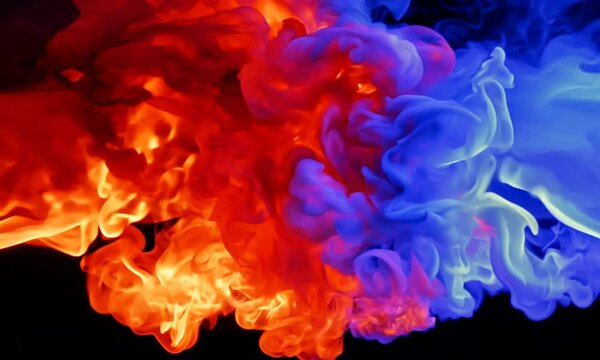 A red flame comes from the left and a blue flame from the right, they meet in the middle. Burning. Generative AI