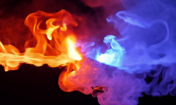 A red flame comes from the left and a blue flame from the right, they meet in the middle. Burning. Generative AI