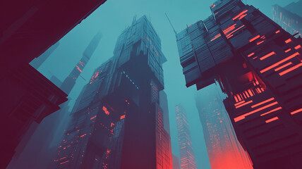 Naklejka premium Futuristic cityscape with towering structures and vibrant colors