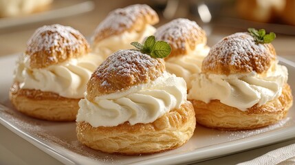 Delicious cream puff pastry elegantly arranged on a plate, highlighting the texture and indulgent nature of the cream puff pastry, with ample space for creative design elements.