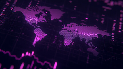 Obraz premium Digital world map with glowing pink accents and data visualization elements
