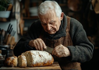 Elderly Man Slicing Bread in Cozy Kitchen for National Stuffing Day, Thanksgiving, and Christmas - Nostalgic Warm Tones and Tradition