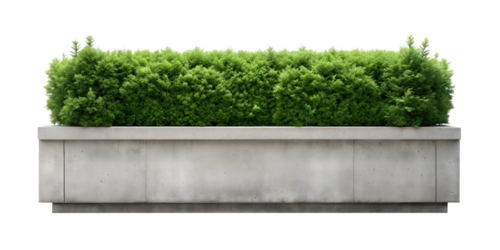 Modern concrete planter box filled with lush green shrubs, creating a stylish and contemporary greenery display, isolated on a white background. PNG, cutout, or clipping path.