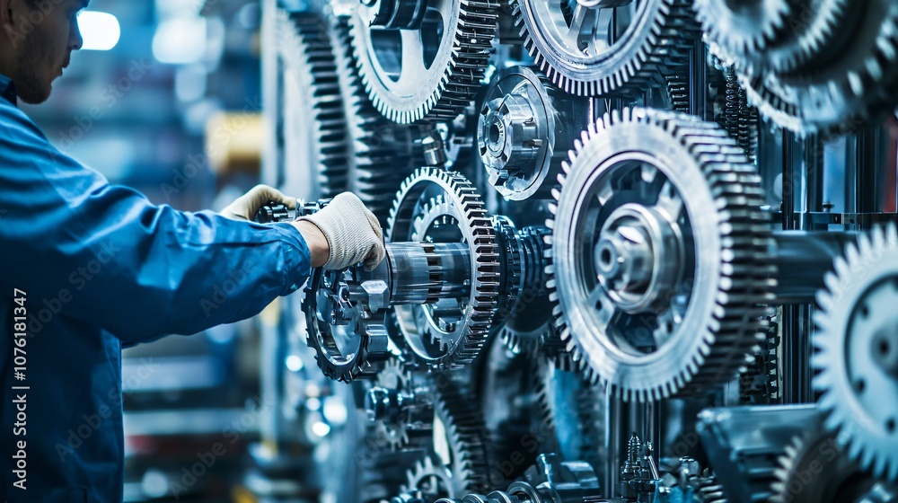 Aufkleber technician assembles complex gears in closeup of industrial machinery showcasing precision engineeri