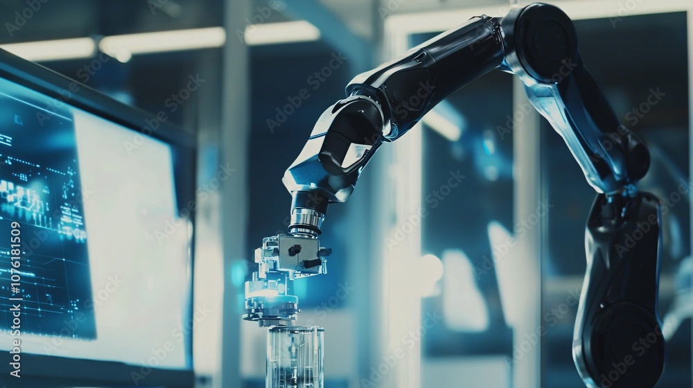 Poster Robotic arm adjusts precision components in advanced factory automation system