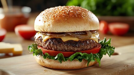 Delicious Gourmet Burger with Fresh Toppings Perfect for Food Blogs and Menus Featuring Ample Copy Space
