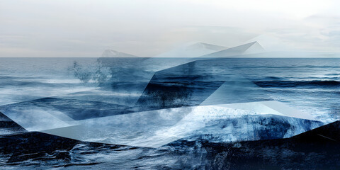 Abstract Iceberg Seascape: A mesmerizing abstract landscape featuring layered icebergs, waves, and distant mountains, creating a visually captivating and ethereal composition.