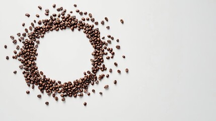 Top view captures coffee beans in a dynamic circular motion, highlighting the rich texture and color of the coffee beans in an engaging composition with ample copy space.
