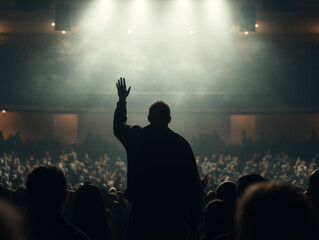 Silhouette of Speaker on Stage in Front of Audience in Dark, Dramatic Lighting
