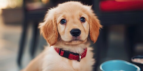 A cute dog in a puppy training class keenly observes with its head tilted. Invest in your dogs training and buy supplies for cooking and pet related needs at a pet shop.