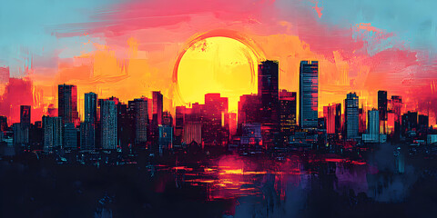 Obraz premium Cityscape Sunset: A vibrant digital painting of a city skyline bathed in the warm glow of a setting sun, with bold colors and a sense of urban grandeur. 