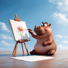 Happy Hippo Paints a Flower Portrait