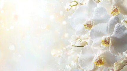 Obraz premium Bright white orchid backdrop with delicate petals, creating an elegant atmosphere perfect for various design projects. Ideal for a calming and serene background with ample copy space.