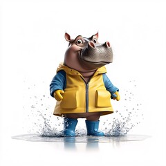 Cute Hippo Splashing in Puddle with Rain Boots