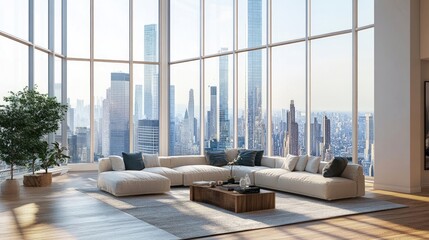 Bright and spacious modern living room interior, designed with large windows that offer a panoramic view, creating an inviting atmosphere with ample photo style copy space.