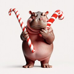 Cute Hippo Holding Giant Candy Canes and Smiling