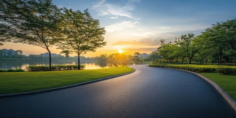 Fototapeta premium An unoccupied asphalt road basks in the stunning light of a beautiful sunrise, creating a spectacular scene of tranquility and natural beauty.