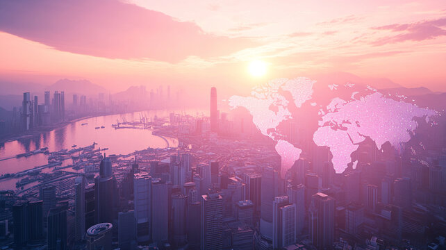 stunning cityscape at sunset with world map overlay, showcasing global connections