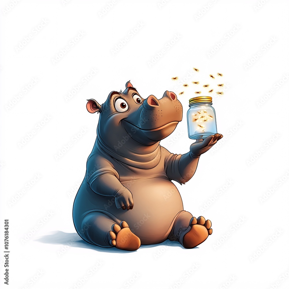 Wall mural Cheerful Hippo Catches Fireflies in a Jar