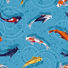 Repeatable pattern of colourful Koi swim in blue water top view. Endless background with oriental Japanese carps, traditional Asian spotted fishes in garden pond. Flat seamless vector illustration