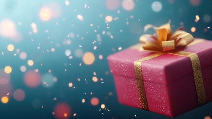 Fototapeta premium A vibrant pink gift box with a golden ribbon floats against a dreamy background filled with shimmering bokeh lights, evoking a sense of celebration and surprise.