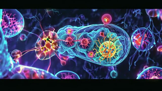  human cell with detailed organelles, including a glowing nucleus, mitochondria, and ribosomes