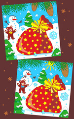 Difference game with sack full of presents, teddy bear and snowman. Find 7 differences picture puzzle.
