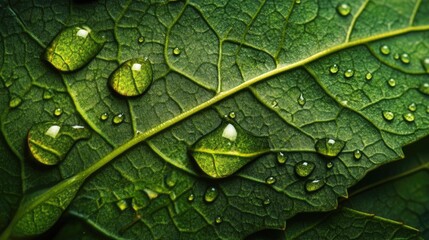 Fototapeta premium Close-up macro image capturing drops of water on a green leaf, highlighting the intricate details of the leaf surface and the beauty of natures elements. Ideal for nature photography.