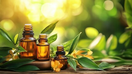 Bottles of aromatic essential oil arranged with green leaves create a serene atmosphere, perfect for promoting wellness. Ideal for designs needing space for custom text.