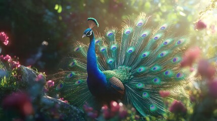 Obraz premium Majestic Peacock in a Sunlit Garden