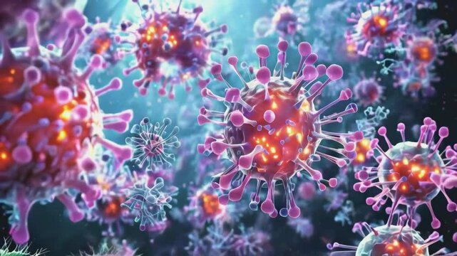 Microscopic scene of viruses attaching to a cell membrane, showing their intricate structures