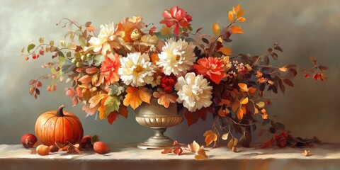 A decorative autumn themed arrangement showcases flowers elegantly displayed in a vase, capturing the essence of the season through a still life composition.