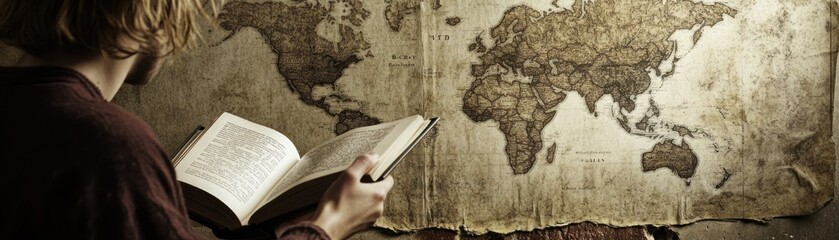 A person reading a book in front of an old world map, evoking exploration and knowledge.