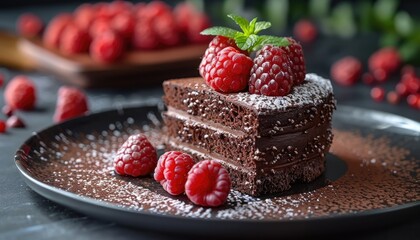A Slice of Chocolate Cake with Raspberries and Mint on a Black Plate