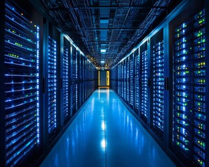 Futuristic Data Center with Illuminated Server Racks in Blue Light