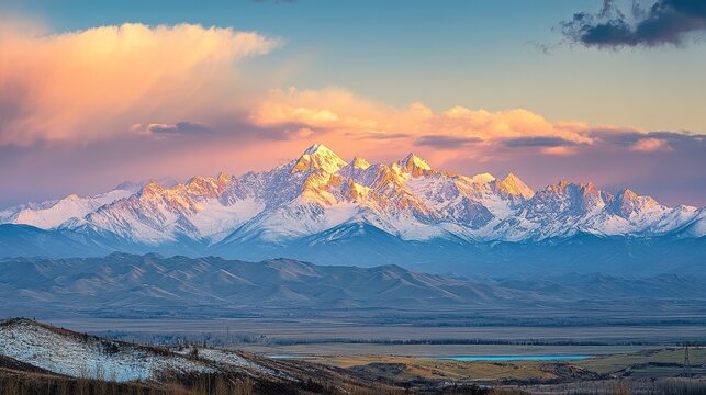 Sunset Golden Light on Snow-Capped Mountains, Clouds Surrounding Lingshan Night View
