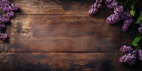 Fototapeta premium A branch of lilac flowers rests on a smooth, rustic wooden surface, creating a panoramic view with ample space for text.