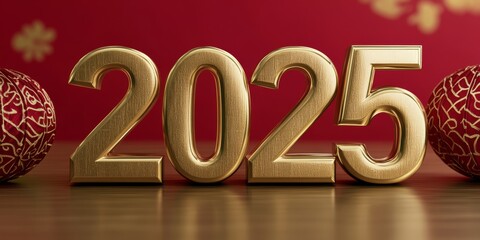 happy new Chinese year 2025. golden numbers "2025" on a red background, surrounded by lanterns and decorations for a Chinese New Year celebration