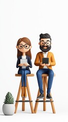Whimsical illustration of two characters seated on stools, engaging with devices, surrounded by minimalist decor.