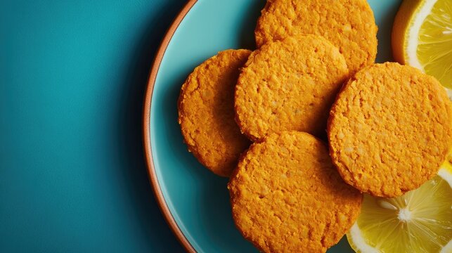 Vegan chickpea cutlets arranged neatly on a plate with lemon slices, set against a vibrant blue background, creating a visually appealing display of vegan chickpea cutlets.